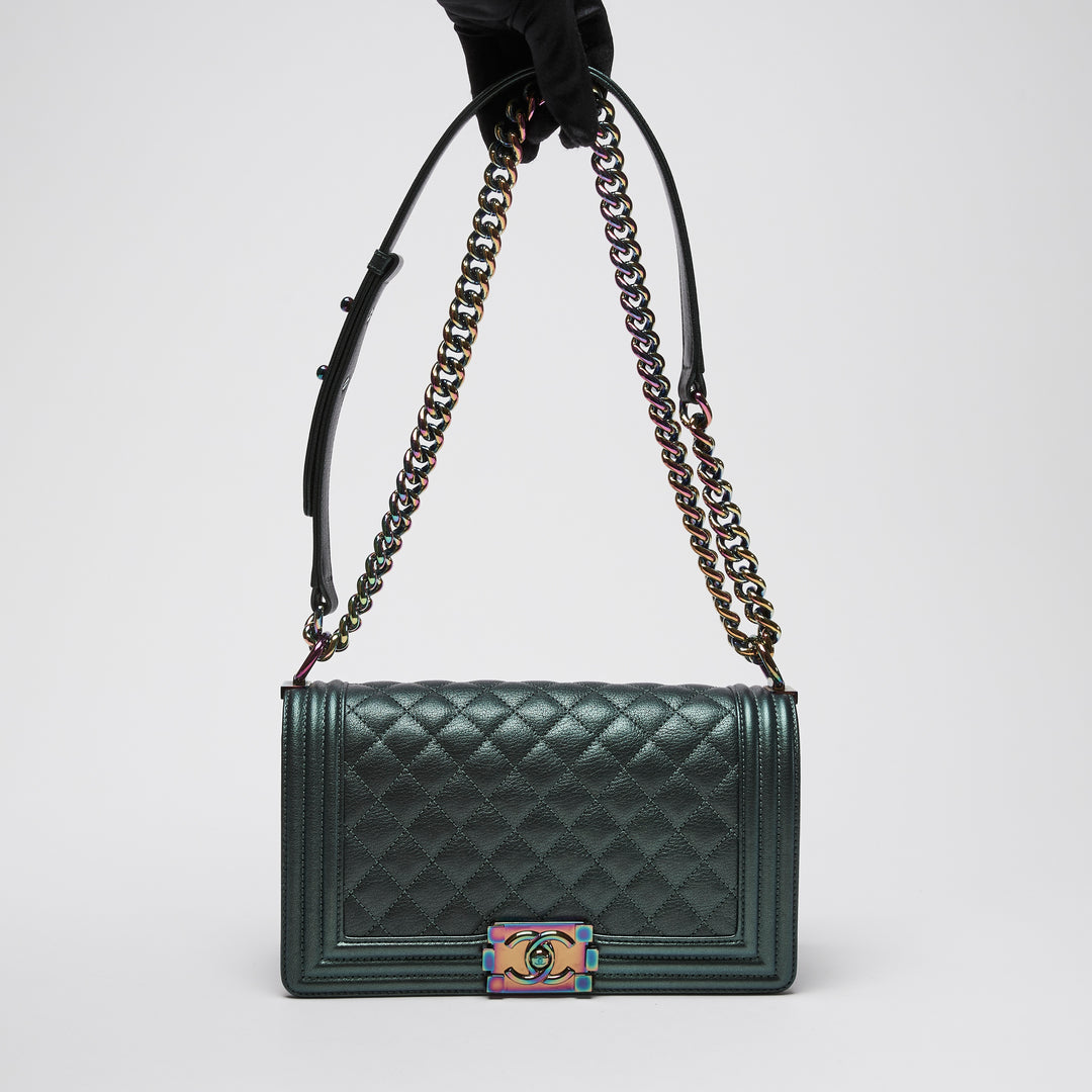 Pre-Loved Chanel™ Metallic Grey Iridescent Calfskin Leather Medium Boy Bag