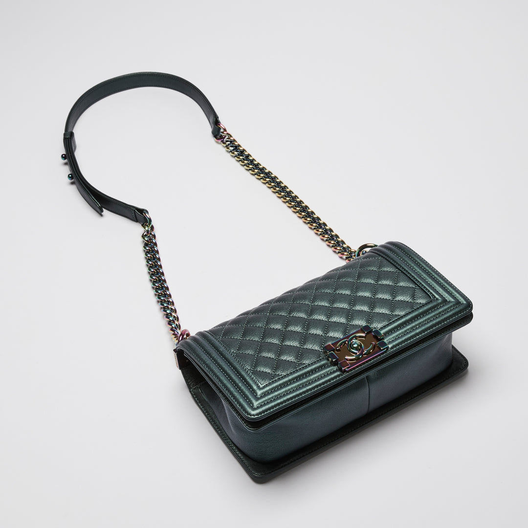 Pre-Loved Chanel™ Metallic Green Iridescent Calfskin Leather Medium Boy Bag