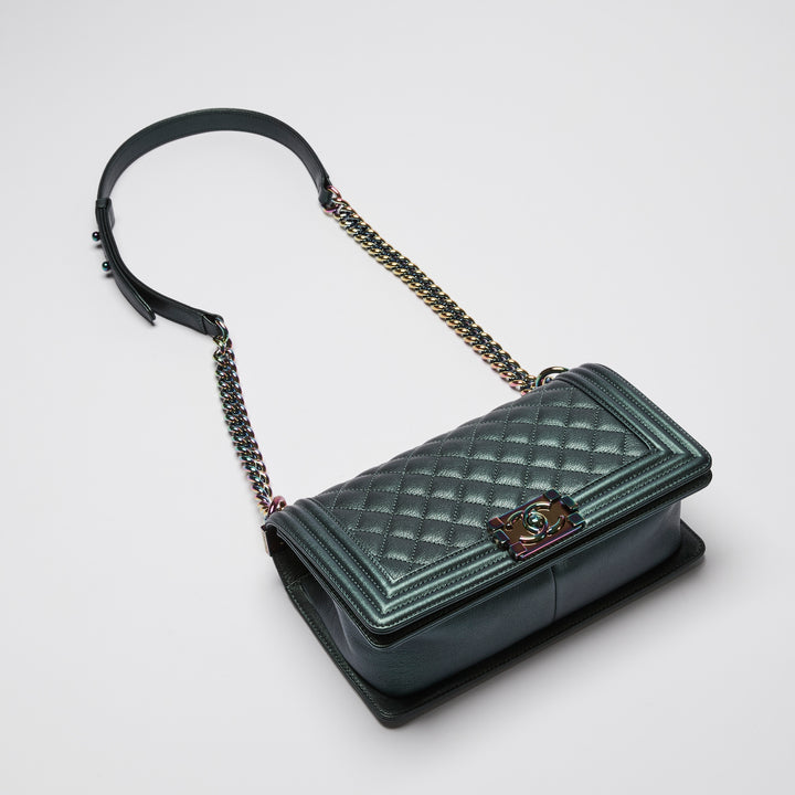Pre-Loved Chanel™ Metallic Green Iridescent Calfskin Leather Medium Boy Bag