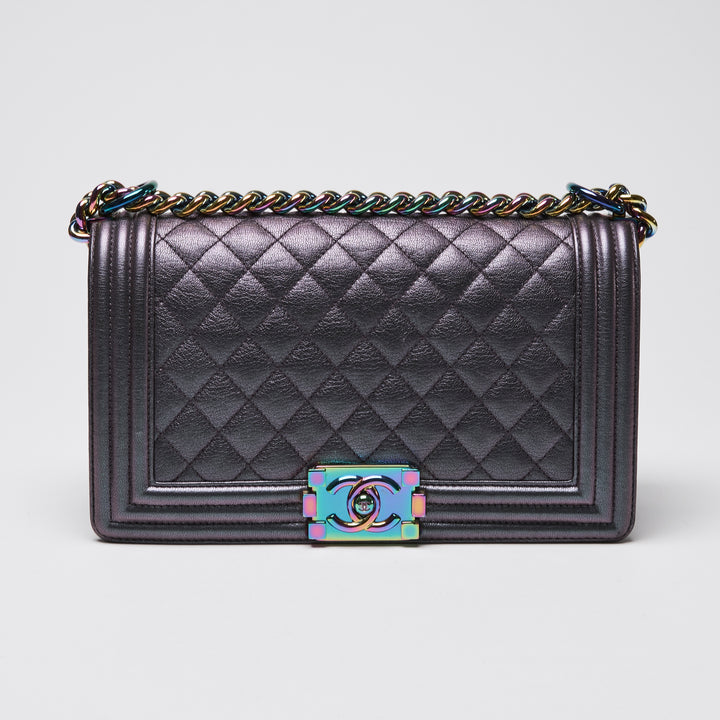 Pre-Loved Chanel™ Metallic Grey Iridescent Calfskin Leather Medium Boy Bag