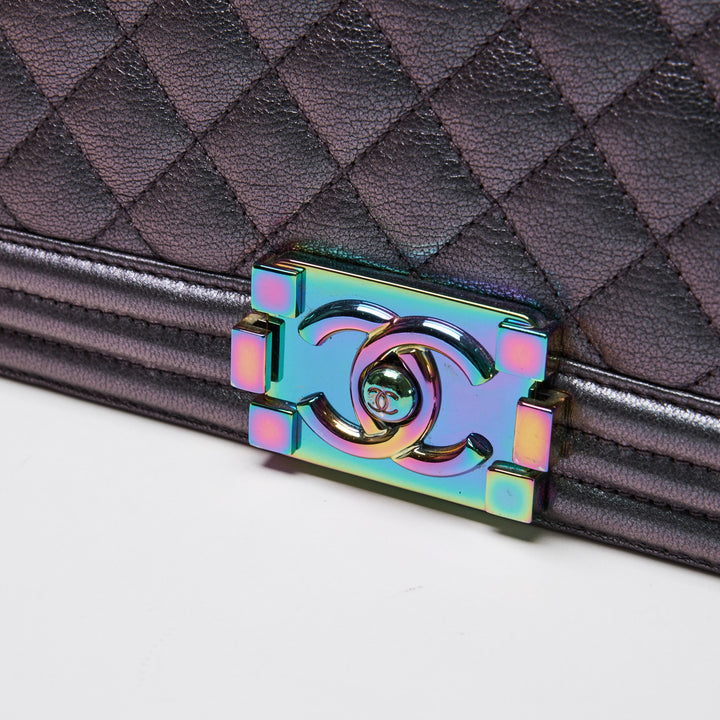 Pre-Loved Chanel™ Metallic Grey Iridescent Calfskin Leather Medium Boy Bag