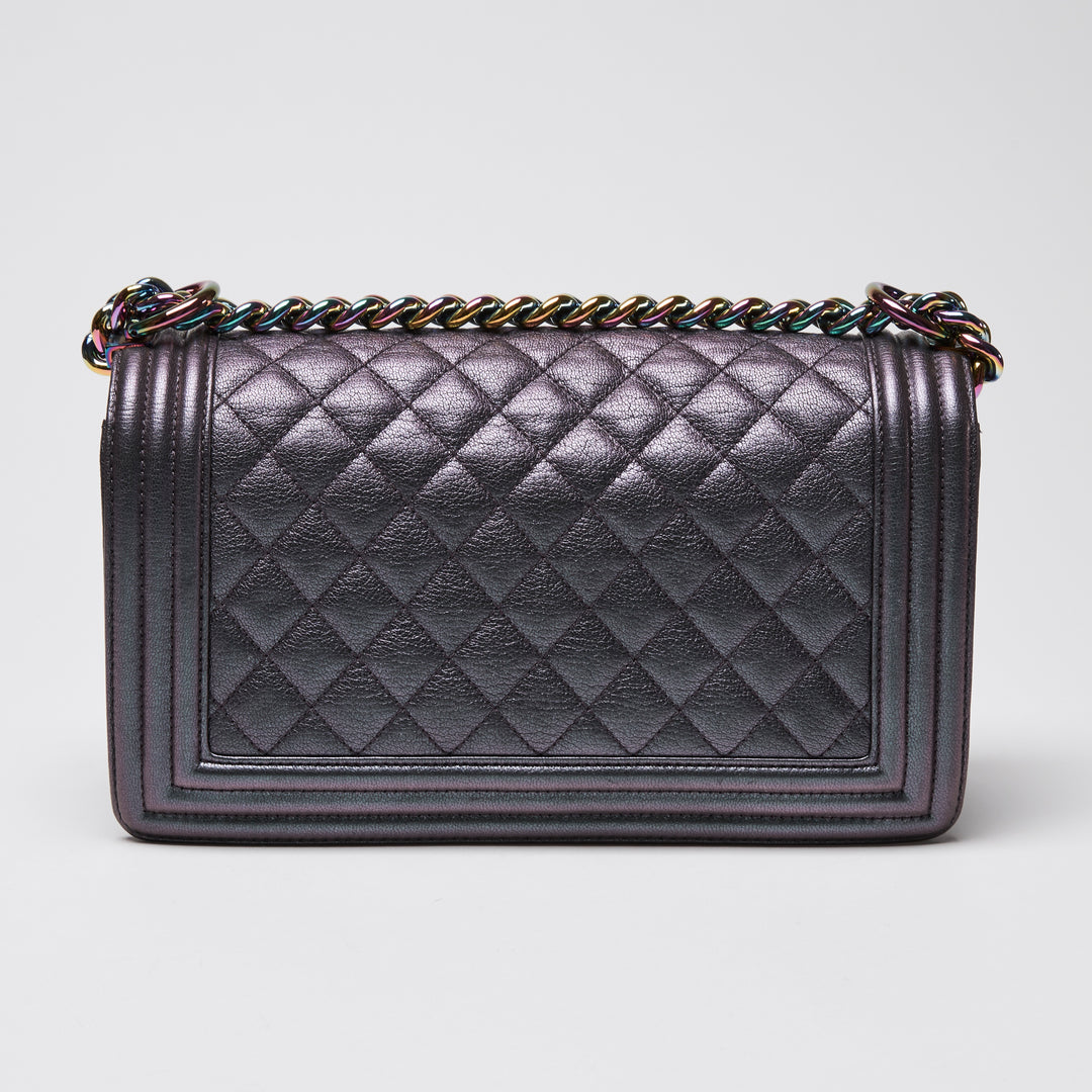 Pre-Loved Chanel™ Metallic Grey Iridescent Calfskin Leather Medium Boy Bag