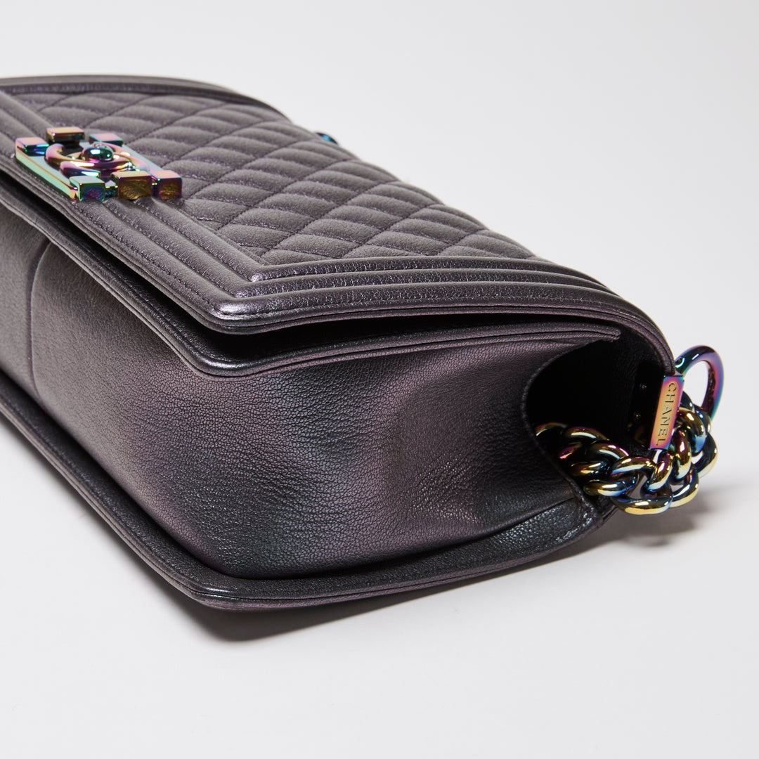 Pre-Loved Chanel™ Metallic Grey Iridescent Calfskin Leather Medium Boy Bag