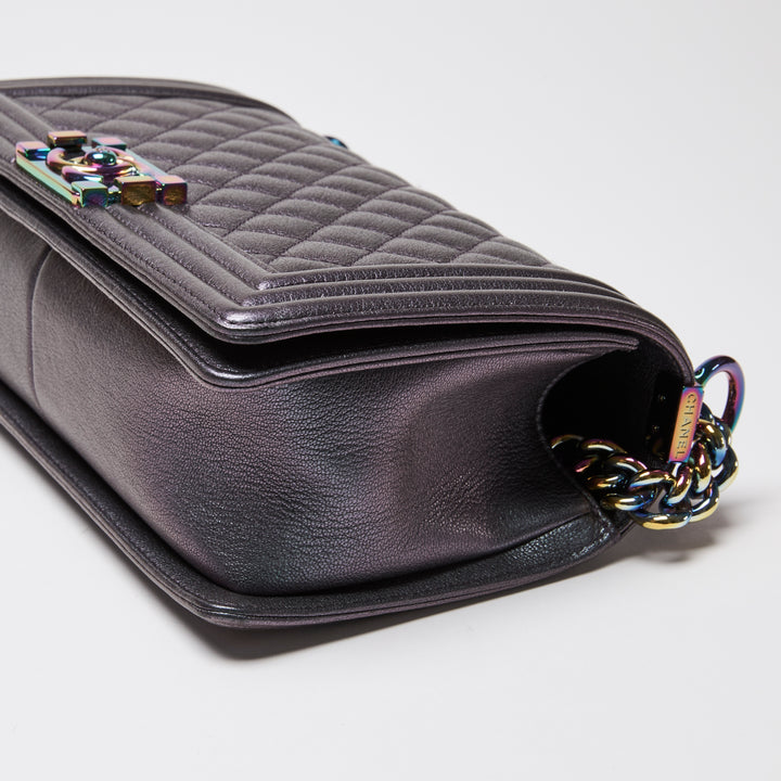 Pre-Loved Chanel™ Metallic Grey Iridescent Calfskin Leather Medium Boy Bag