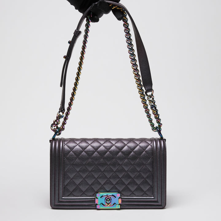 Pre-Loved Chanel™ Metallic Grey Iridescent Calfskin Leather Medium Boy Bag