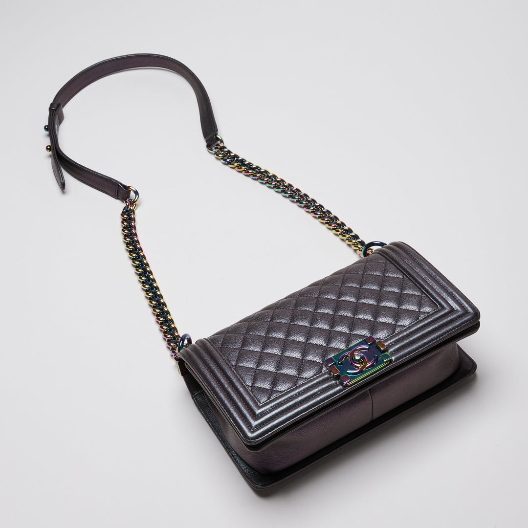 Pre-Loved Chanel™ Metallic Grey Iridescent Calfskin Leather Medium Boy Bag