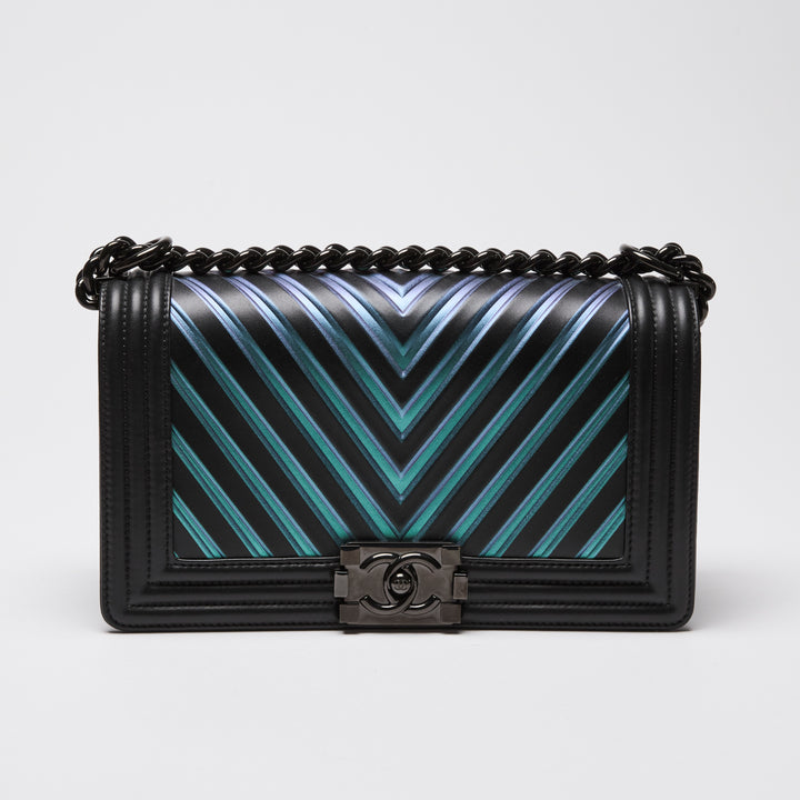 Pre-Loved Chanel™ Calfskin Leather Iridescent Green & Purple Colour Chevron Boy Bag