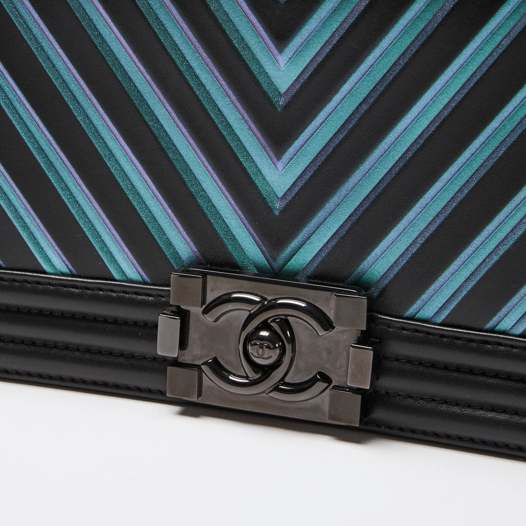 Pre-Loved Chanel™ Calfskin Leather Iridescent Green & Purple Colour Chevron Boy Bag