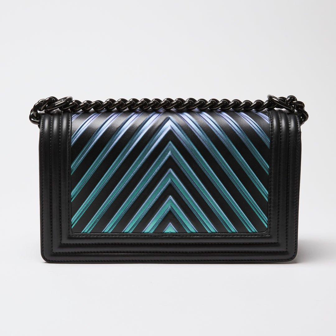 Pre-Loved Chanel™ Calfskin Leather Iridescent Green & Purple Colour Chevron Boy Bag