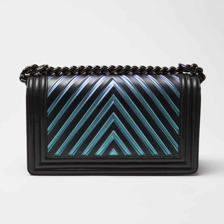 Pre-Loved Chanel™ Calfskin Leather Iridescent Green & Purple Colour Chevron Boy Bag