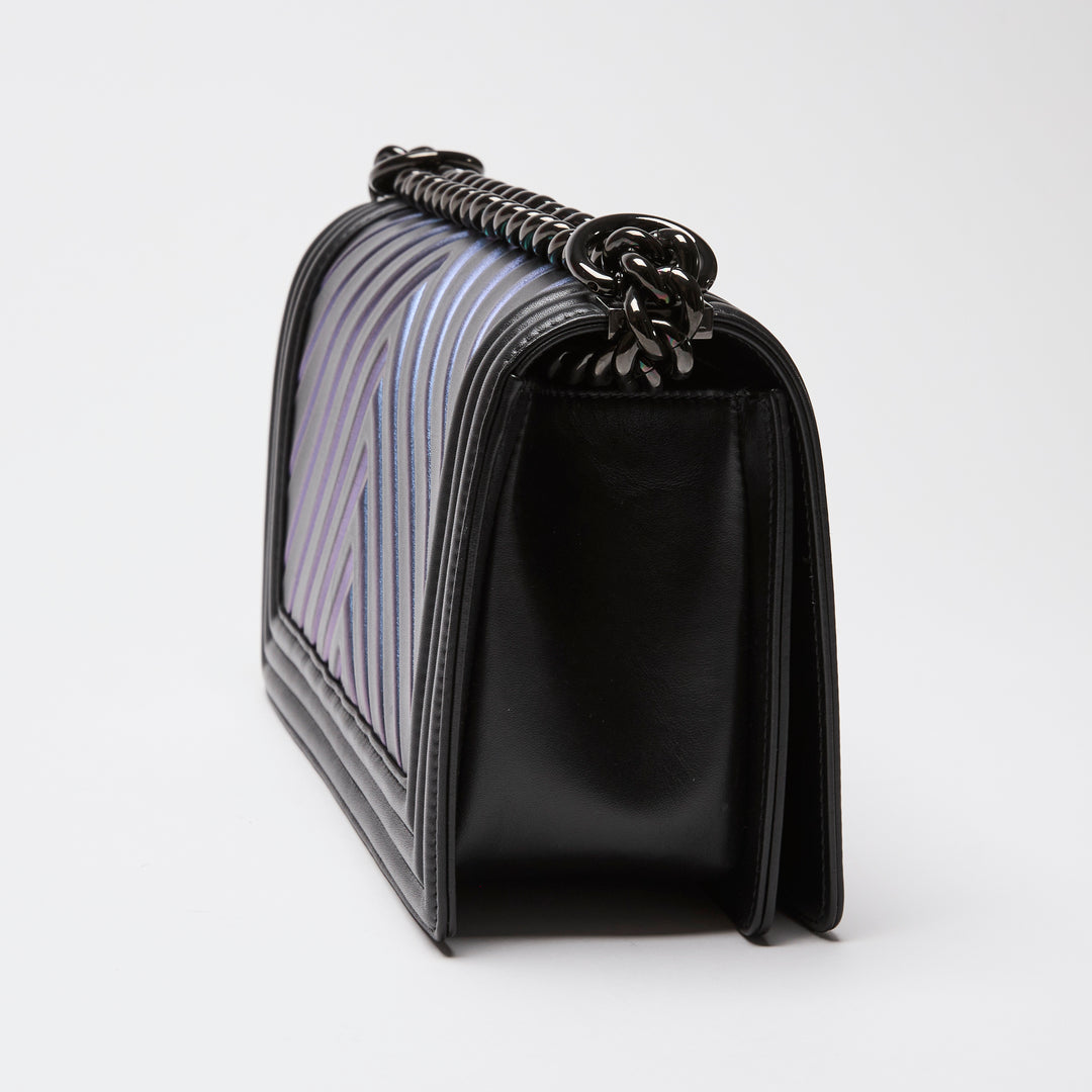 Pre-Loved Chanel™ Calfskin Leather Iridescent Green & Purple Colour Chevron Boy Bag