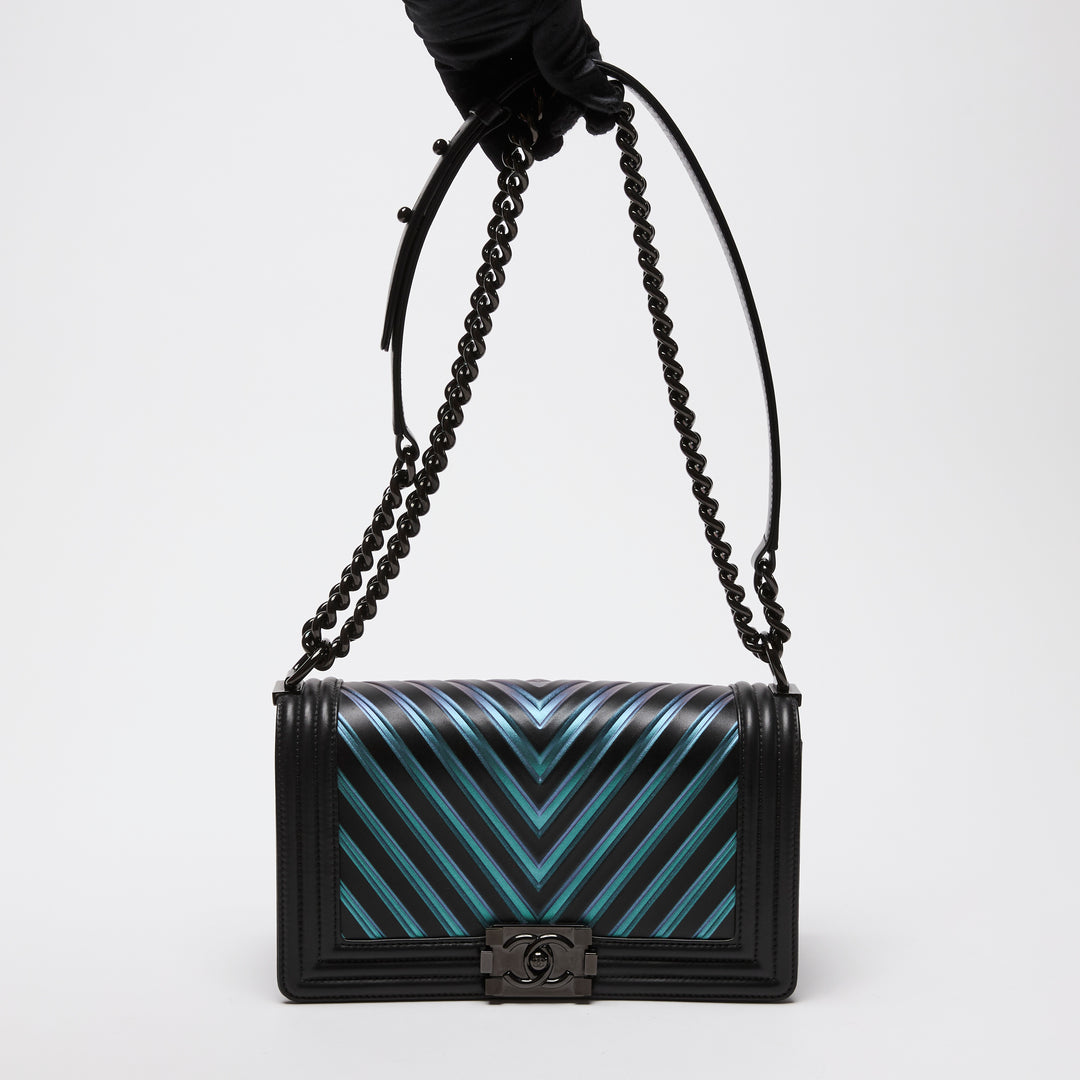 Pre-Loved Chanel™ Calfskin Leather Iridescent Green & Purple Colour Chevron Boy Bag