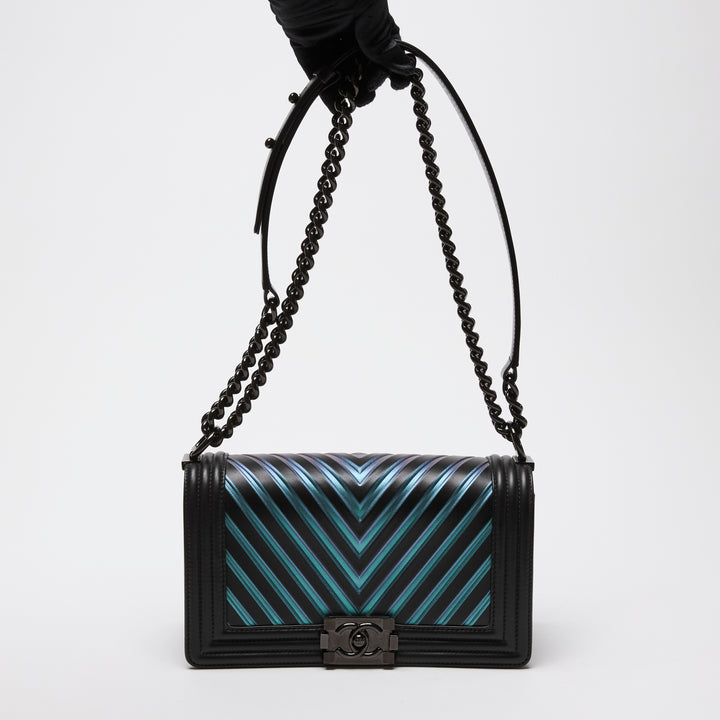 Pre-Loved Chanel™ Calfskin Leather Iridescent Green & Purple Colour Chevron Boy Bag