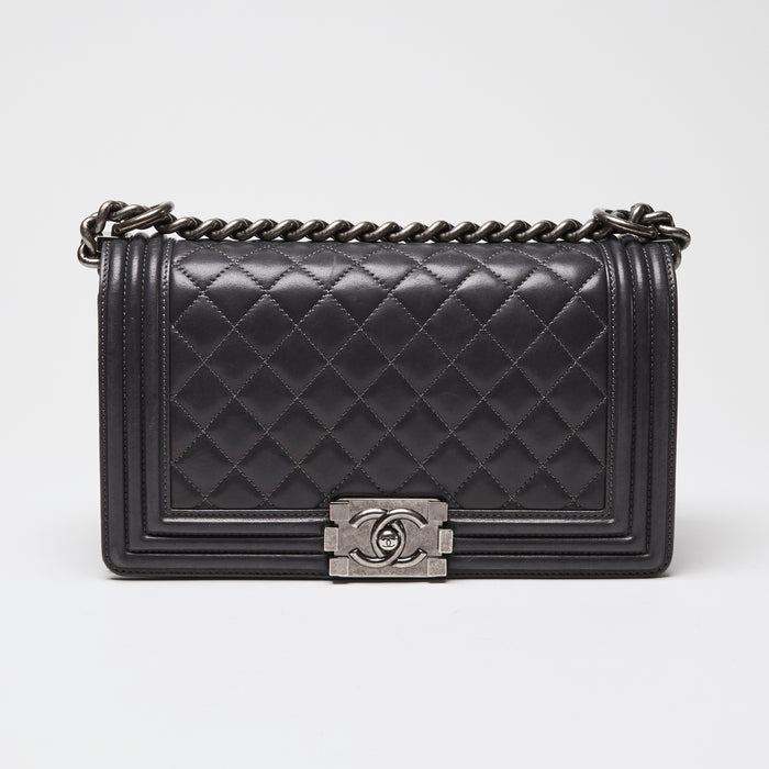 Pre-Loved Chanel™ Charcoal Grey Lambskin Leather Medium Boy Bag