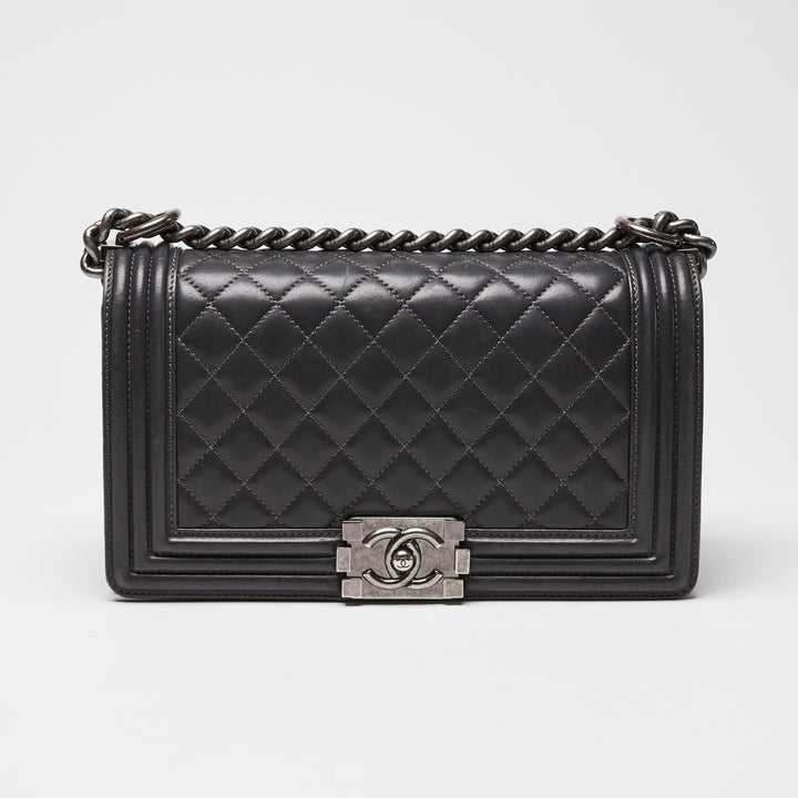 Pre-Loved Chanel™ Charcoal Grey Lambskin Leather Medium Boy Bag