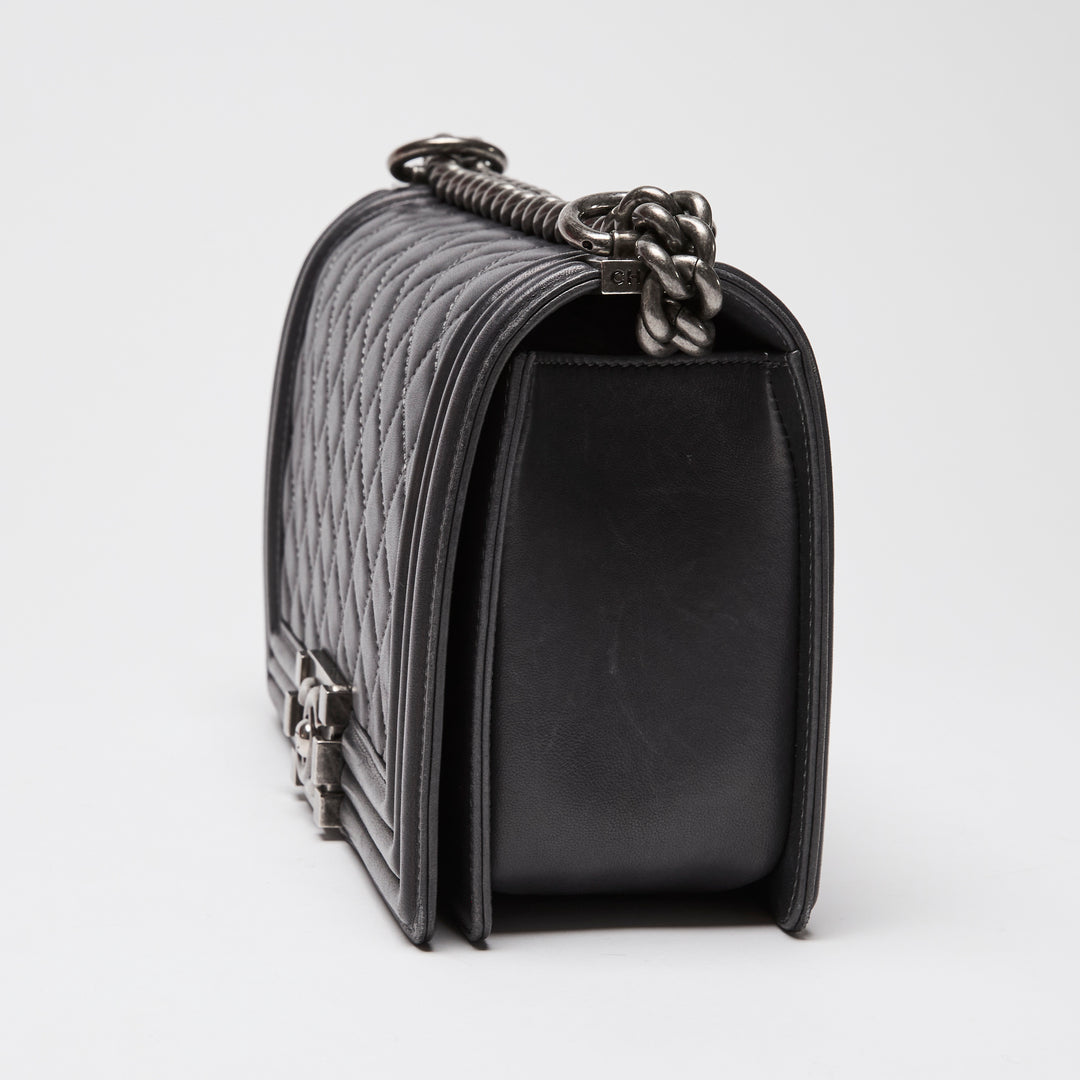 Pre-Loved Chanel™ Charcoal Grey Lambskin Leather Medium Boy Bag
