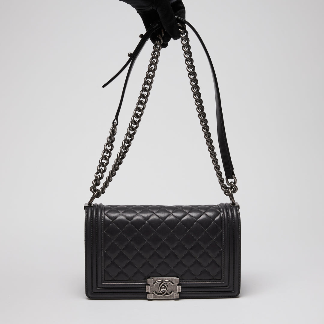 Pre-Loved Chanel™ Charcoal Grey Lambskin Leather Medium Boy Bag