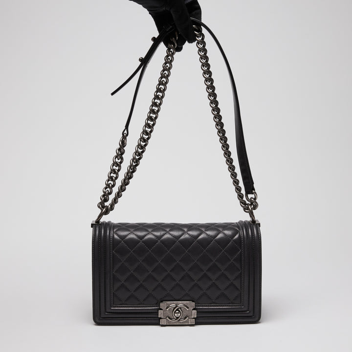 Pre-Loved Chanel™ Charcoal Grey Lambskin Leather Medium Boy Bag