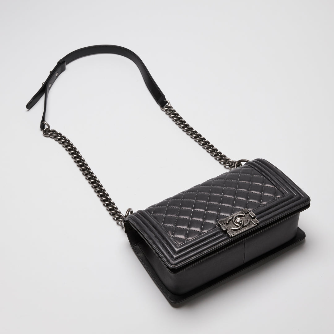 Pre-Loved Chanel™ Charcoal Grey Lambskin Leather Medium Boy Bag