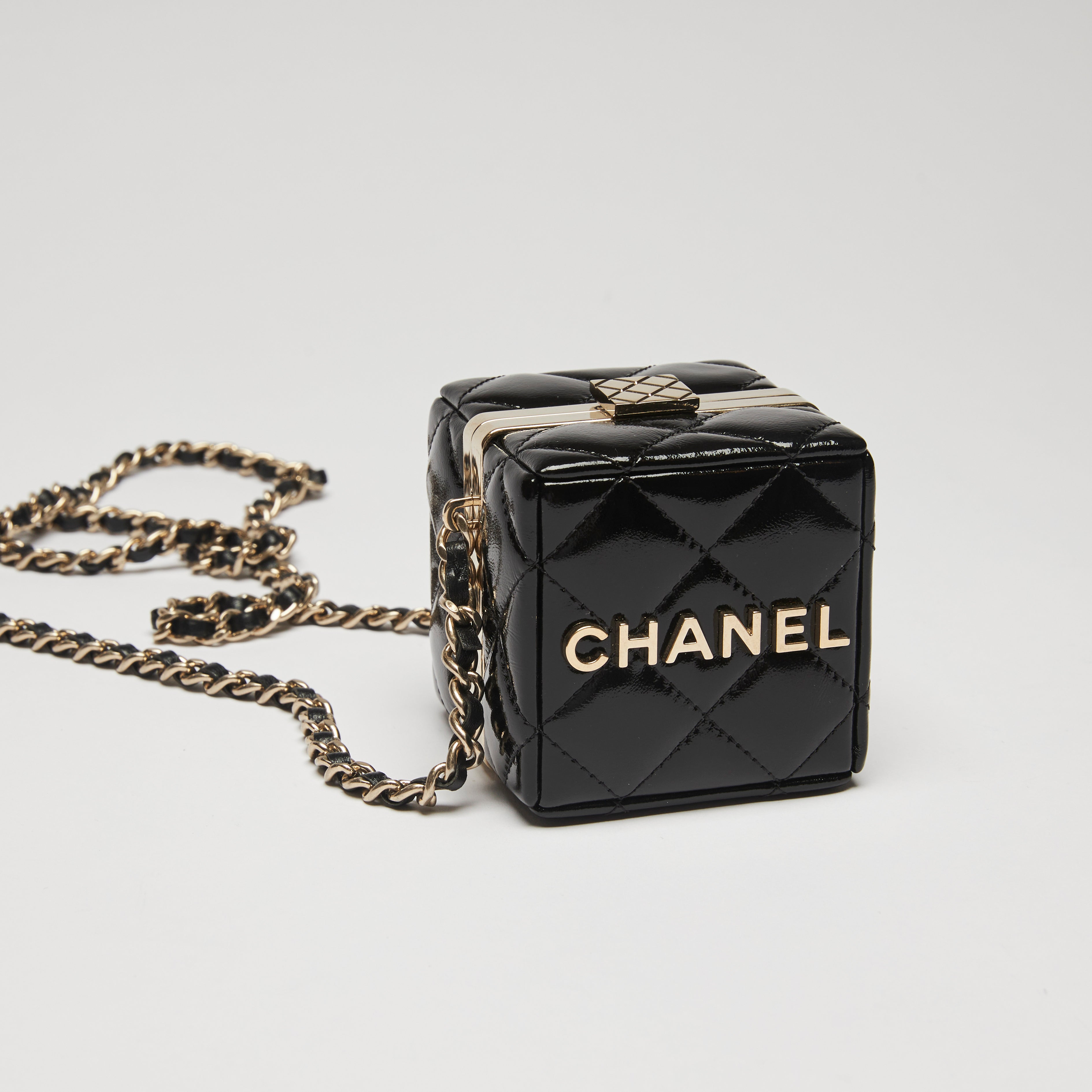 CHANEL Record Motif Chain Clutch Bag Black Red Patent Leather