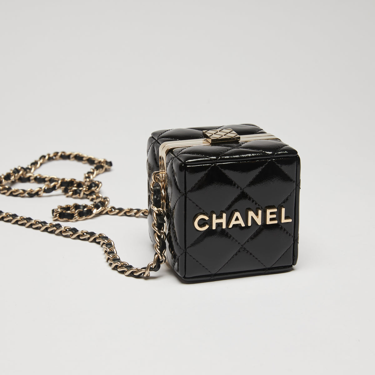 Chanel Black Patent Leather Mini Box Clutch with Chain