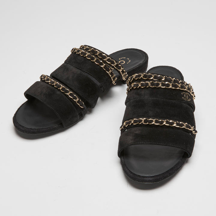 Pre-Loved Chanel™ Chanel Black Suede Chain Sandals Size 38C