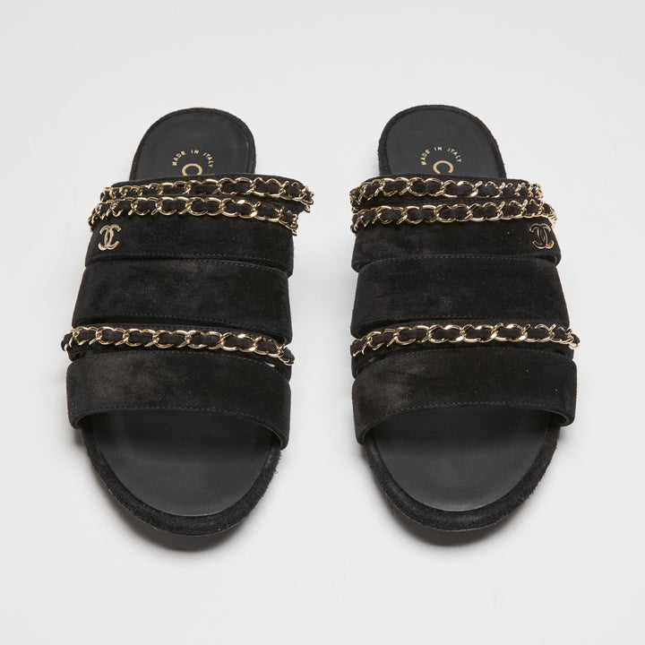 Pre-Loved Chanel™ Chanel Black Suede Chain Sandals Size 38C