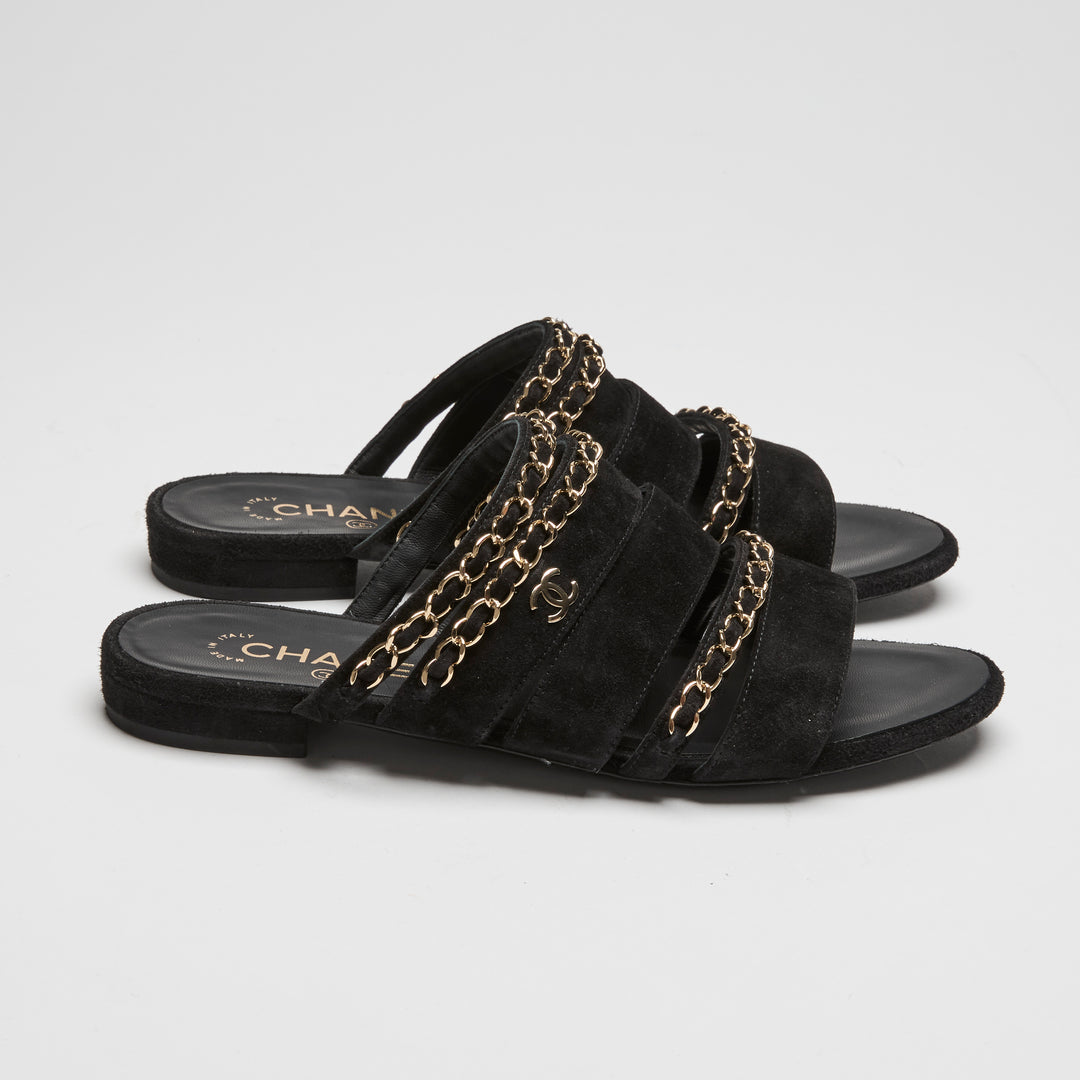 Pre-Loved Chanel™ Chanel Black Suede Chain Sandals Size 38C
