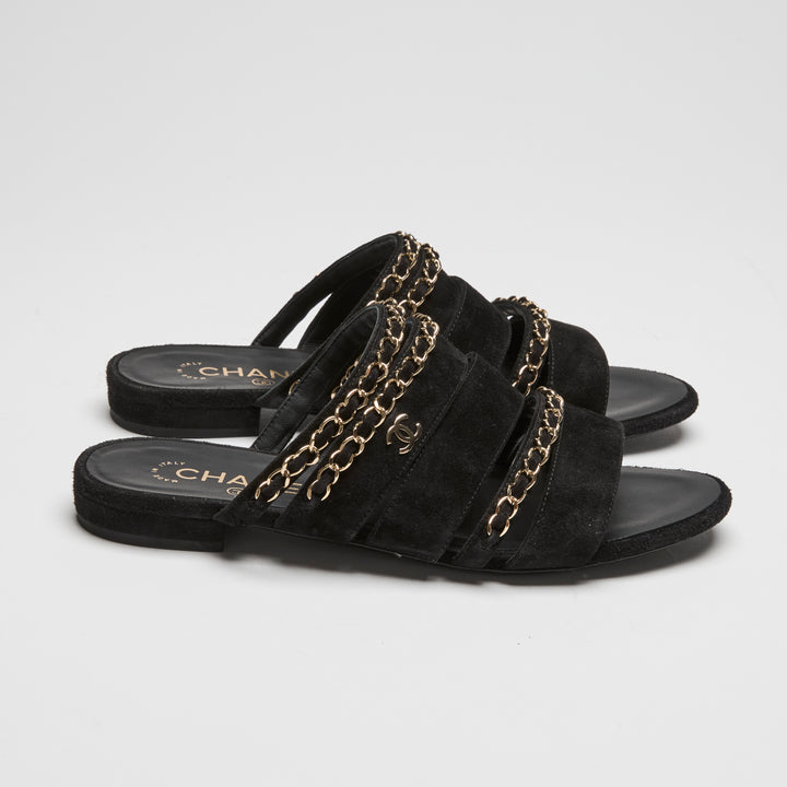 Pre-Loved Chanel™ Chanel Black Suede Chain Sandals Size 38C