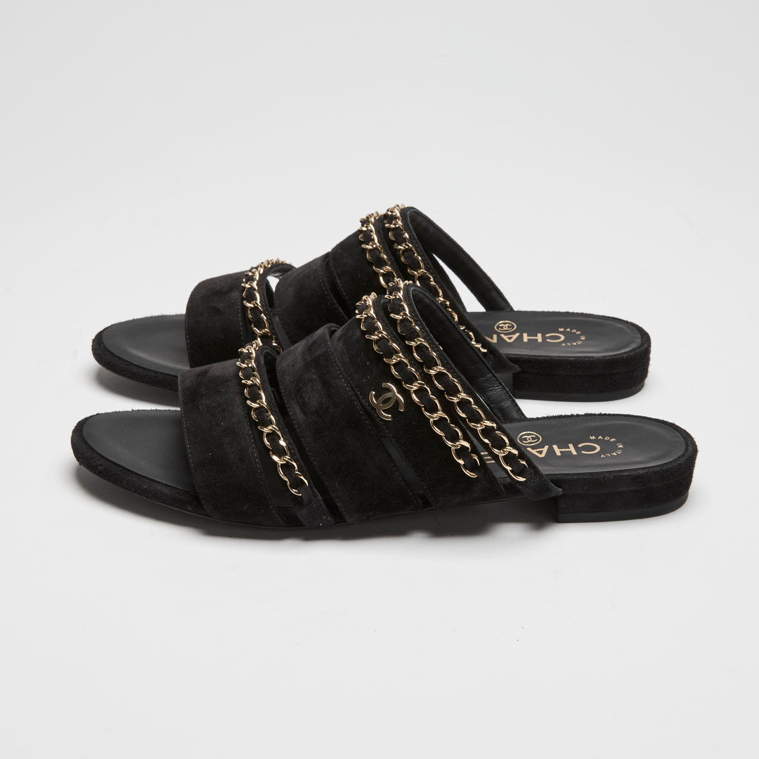 Pre-Loved Chanel™ Chanel Black Suede Chain Sandals Size 38C