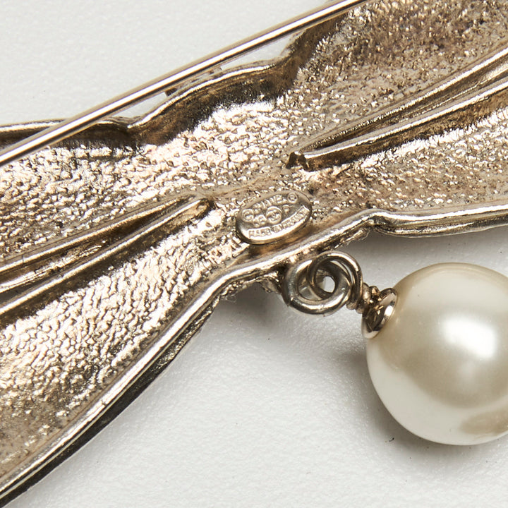 Pre-Loved Chanel™ Champagne Gold-Tone Bow & Logo Faux Pearl Drop Brooch