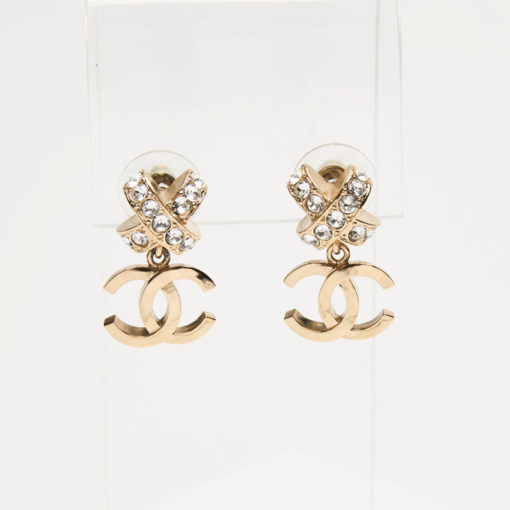 Pre-Loved Chanel™ Gold-tone Crystal Embellished and Interlocking Logo Drop Earrings
