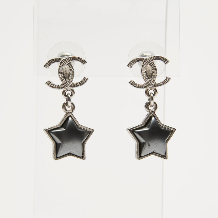 Pre-Loved Chanel™ Silver-Tone & Gunmetal Interlocking Logo Star Drop Earrings