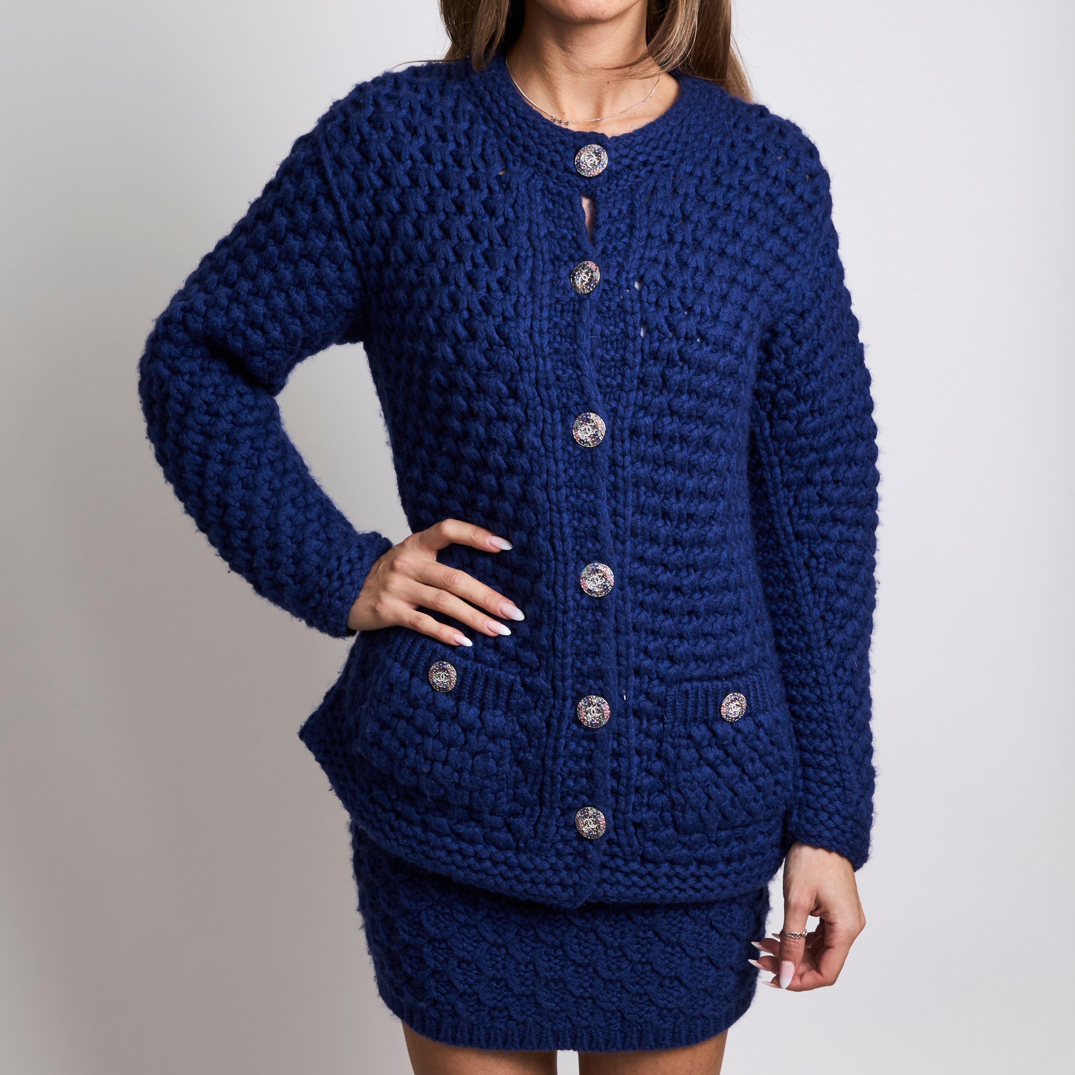 Pre Loved Chanel Dark Blue Knit Cardigan and Skirt Set Luxury Finds Consignment