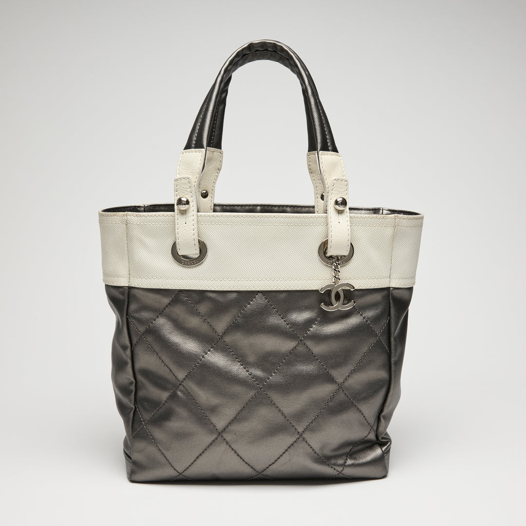 Pre-Loved Chanel™ White and Silver Canvas Paris-Biarritz Small Tote