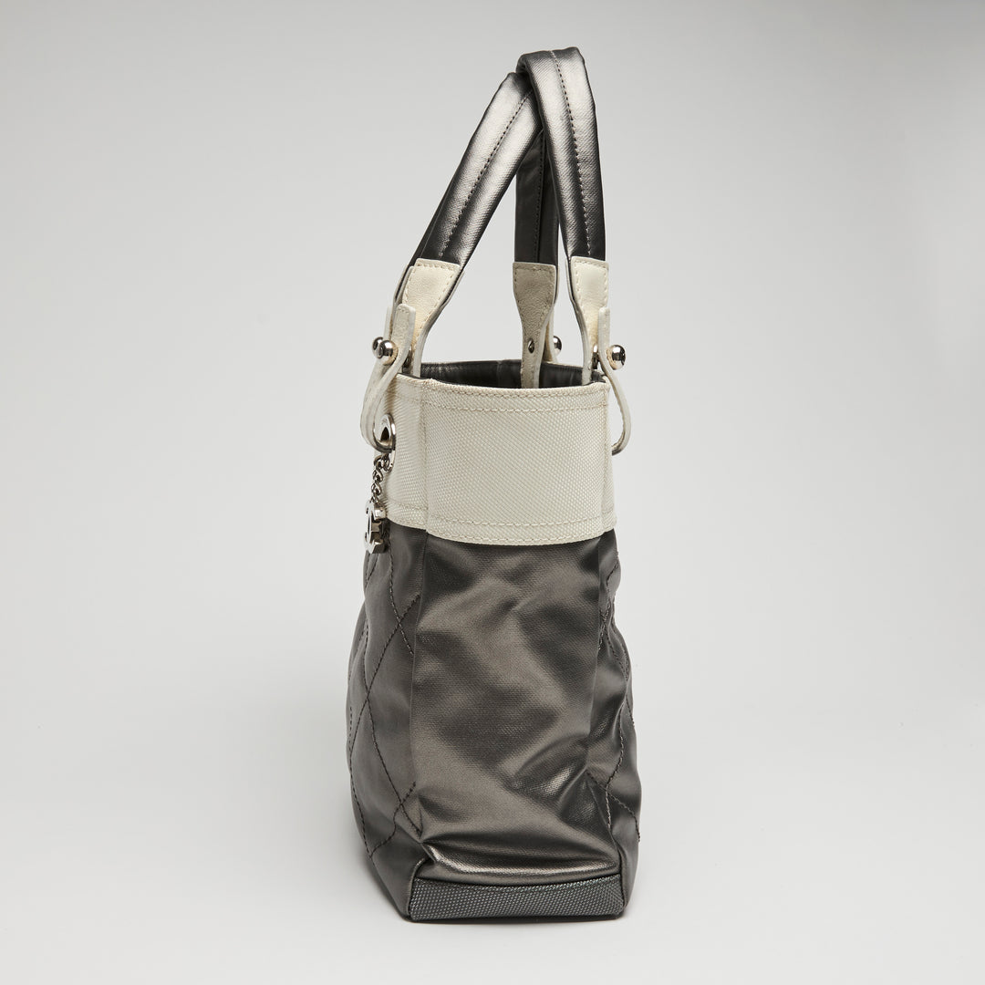 Pre-Loved Chanel™ White and Silver Canvas Paris-Biarritz Small Tote