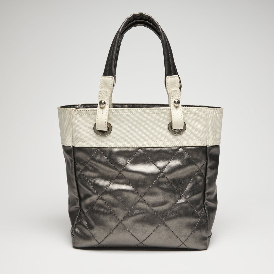 Pre-Loved Chanel™ White and Silver Canvas Paris-Biarritz Small Tote
