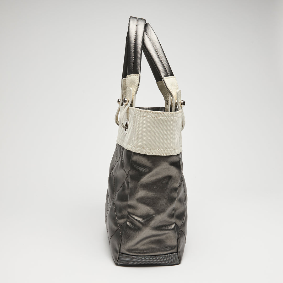 Pre-Loved Chanel™ White and Silver Canvas Paris-Biarritz Small Tote