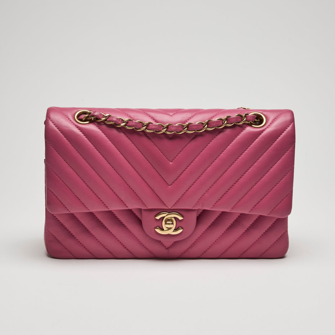 Pre-Loved Chanel™ Pink Chevron Lambskin Leather Medium Classic Double Flap Bag