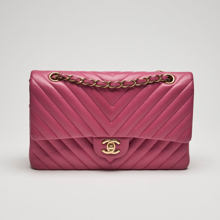 Pre-Loved Chanel™ Pink Chevron Lambskin Leather Medium Classic Double Flap Bag