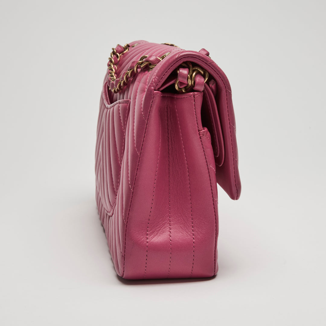 Pre-Loved Chanel™ Pink Chevron Lambskin Leather Medium Classic Double Flap Bag