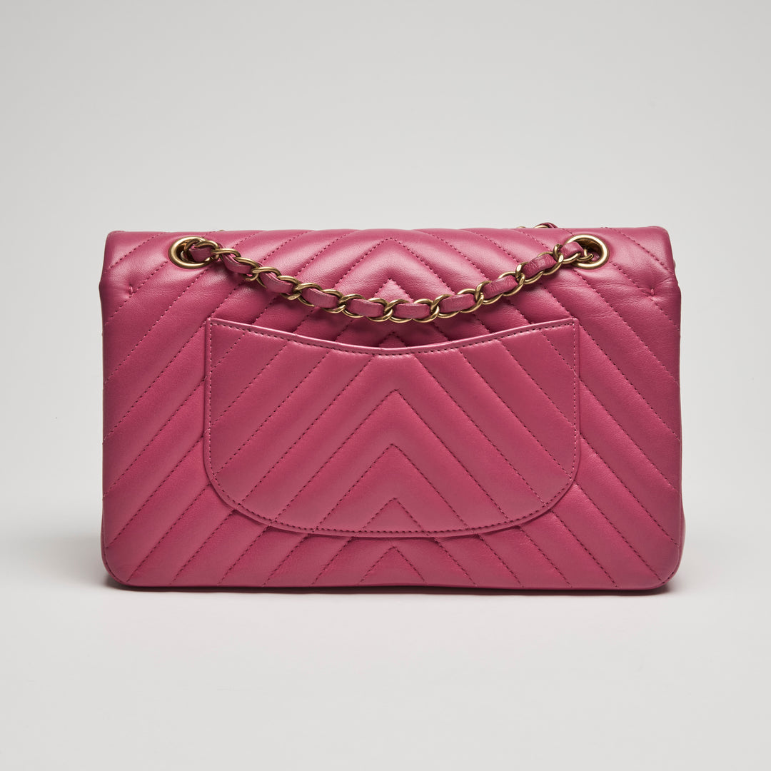 Pre-Loved Chanel™ Pink Chevron Lambskin Leather Medium Classic Double Flap Bag