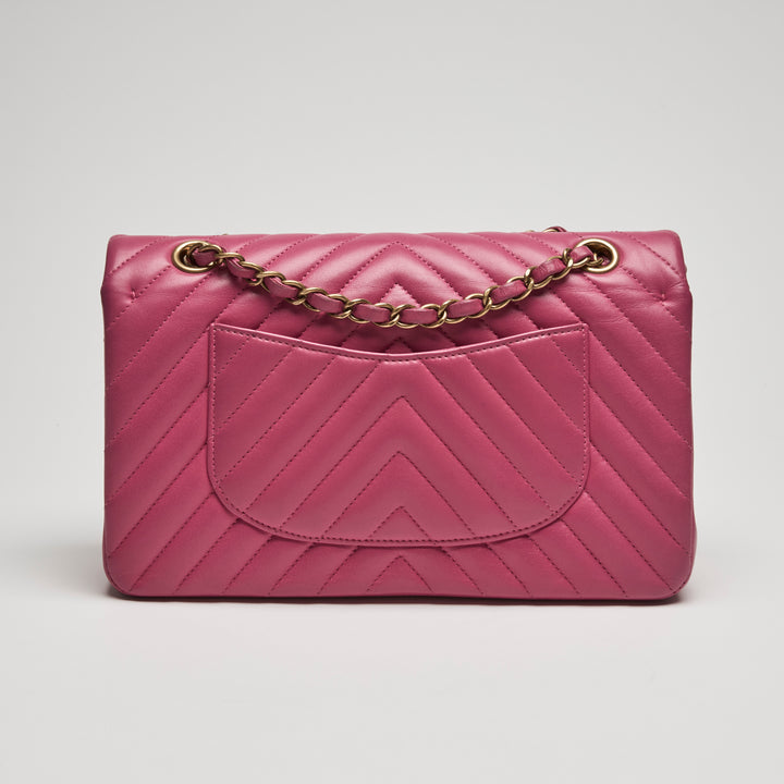 Pre-Loved Chanel™ Pink Chevron Lambskin Leather Medium Classic Double Flap Bag