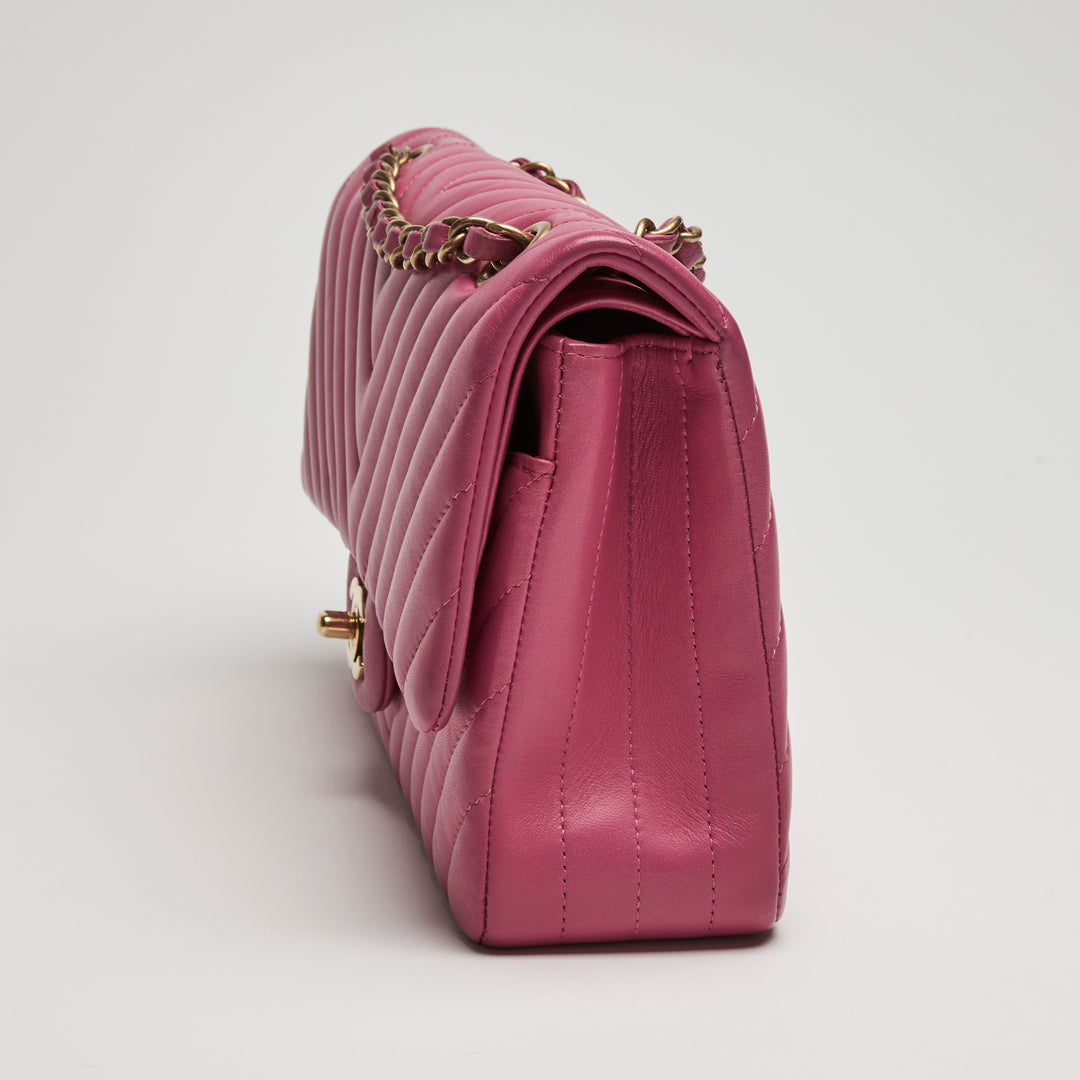 Pre-Loved Chanel™ Pink Chevron Lambskin Leather Medium Classic Double Flap Bag