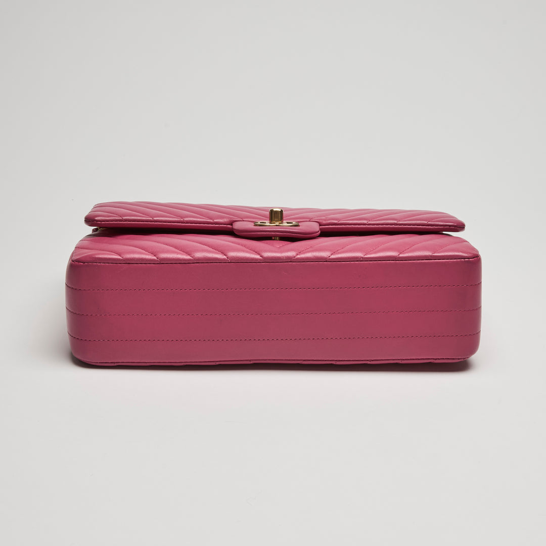 Pre-Loved Chanel™ Pink Chevron Lambskin Leather Medium Classic Double Flap Bag