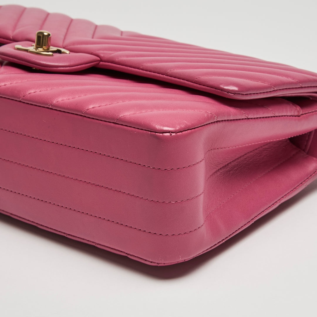 Pre-Loved Chanel™ Pink Chevron Lambskin Leather Medium Classic Double Flap Bag
