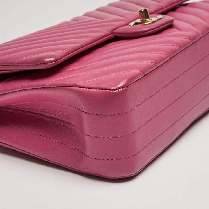 Pre-Loved Chanel™ Pink Chevron Lambskin Leather Medium Classic Double Flap Bag