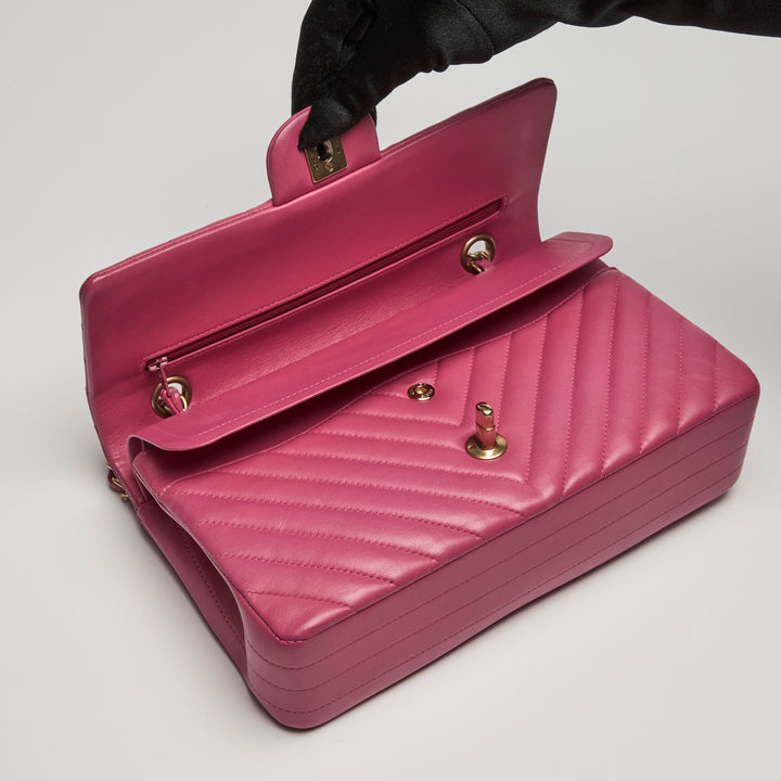 Pre-Loved Chanel™ Pink Chevron Lambskin Leather Medium Classic Double Flap Bag