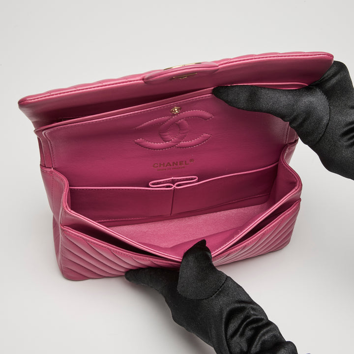 Pre-Loved Chanel™ Pink Chevron Lambskin Leather Medium Classic Double Flap Bag