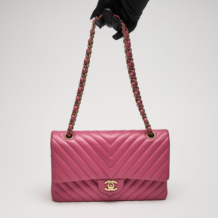 Pre-Loved Chanel™ Pink Chevron Lambskin Leather Medium Classic Double Flap Bag